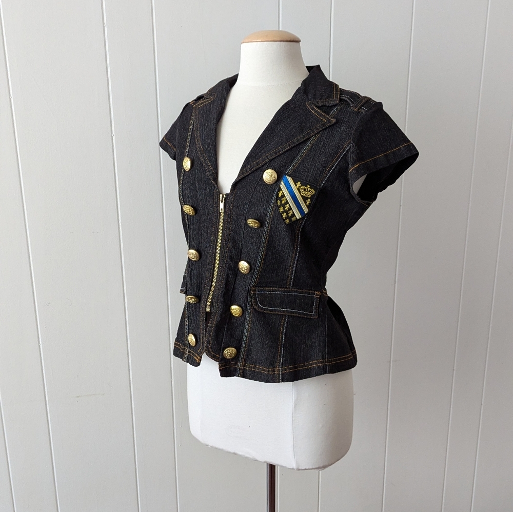 Vintage Y2K Dark Wash Denim Military Style Top by What's Hot Size M - Picture 2 of 7